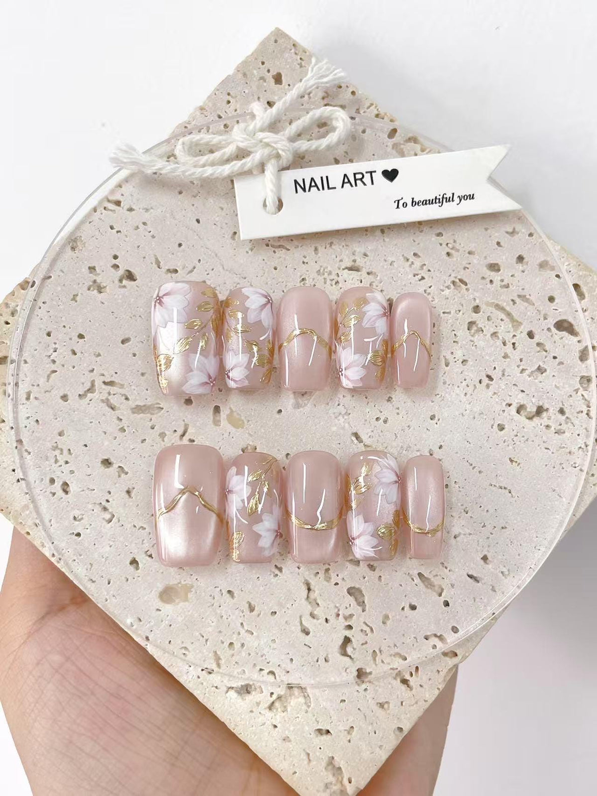 Hand Painted Press On Nails, Petals With Gold Leaves, Reusable Custom Nail Shape