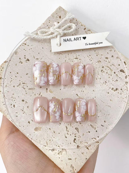 Hand Painted Press On Nails, Petals With Gold Leaves, Reusable Custom Nail Shape