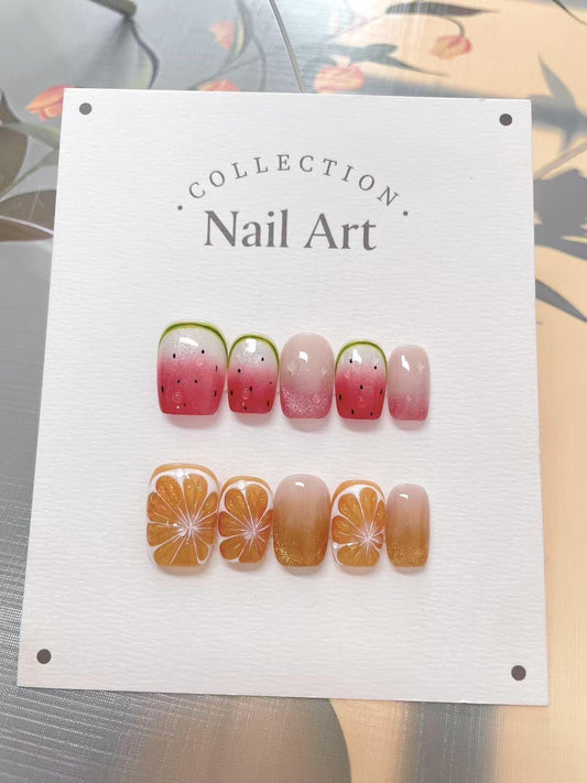 Hand Painted Watermelon Orange Press On Nails: Reusable Artist Faux Nails