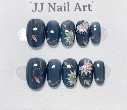 Water Lilies Hand Painted Press On Nails: Custom Shape Reusable Nail Set