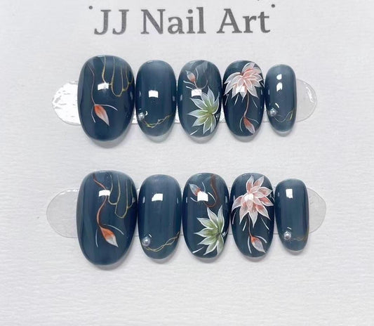 Water Lilies Hand Painted Press On Nails: Custom Shape Reusable Nail Set