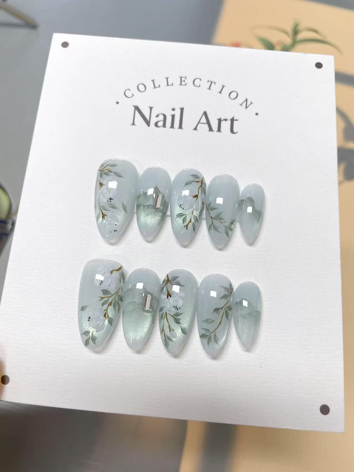 Hand Painted Sky Blue Floral Press On Nails: Reusable Artist Faux Nails