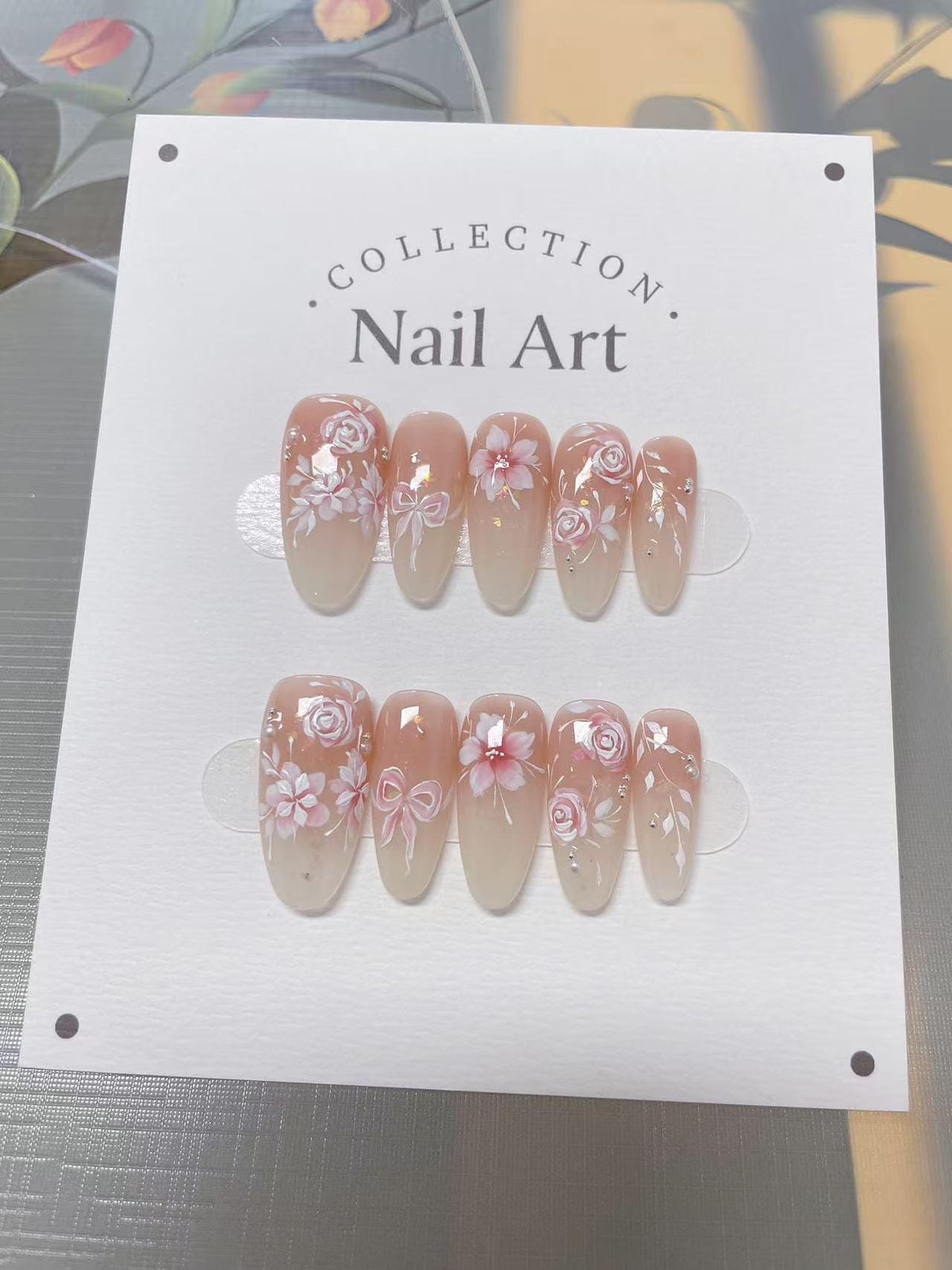 Hand Painted Floral Press On Nails, Reusable Custom Nail Shape