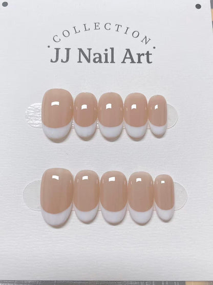 Custom Shape Press On Nails: White French Tips Hand Painted, Reusable Fake Nails