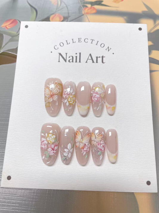 Hand Painted Butterfly Flower Press On Nails, Reusable Faux Nails