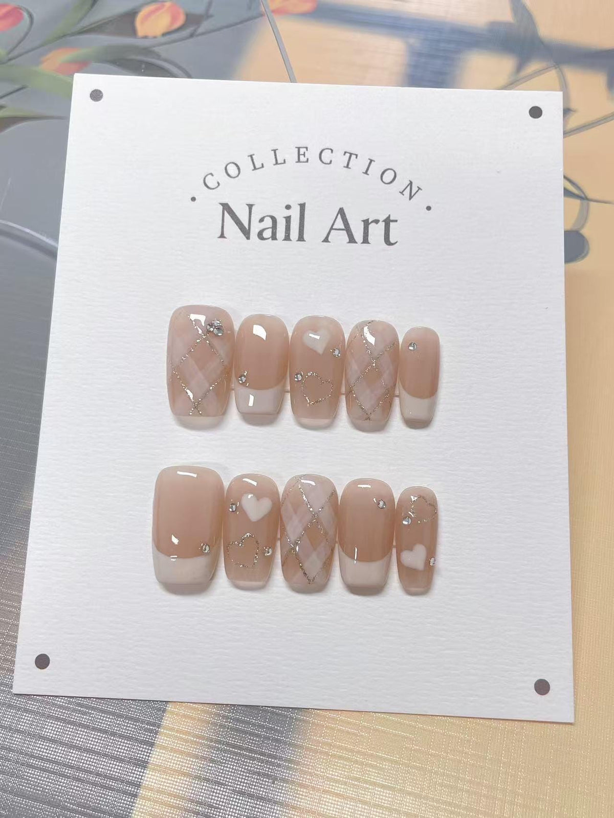 Hand Painted Press On Nails: Hearts, French Chessboard, Reusable
