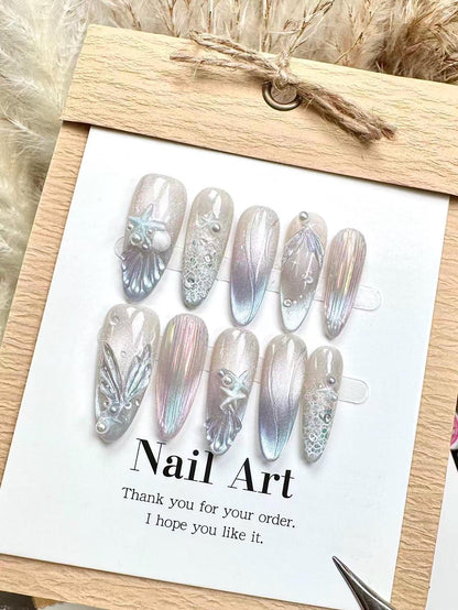 Hand Painted Sealife Press On Nails: Shimmering Artist Faux Nails