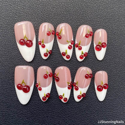 3D Cherry Press On Nails: Handmade Gel Almond Faux Nails