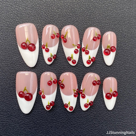 3D Cherry Press On Nails: Handmade Gel Almond Faux Nails