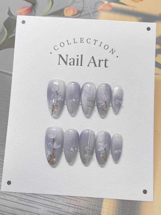 Hand Painted Press On Nails: White Orchards, Purple, Reusable