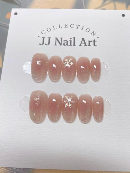 Crystal Snow Flakes Hand Painted Press On Nails:  Custom Shape Reusable Nails