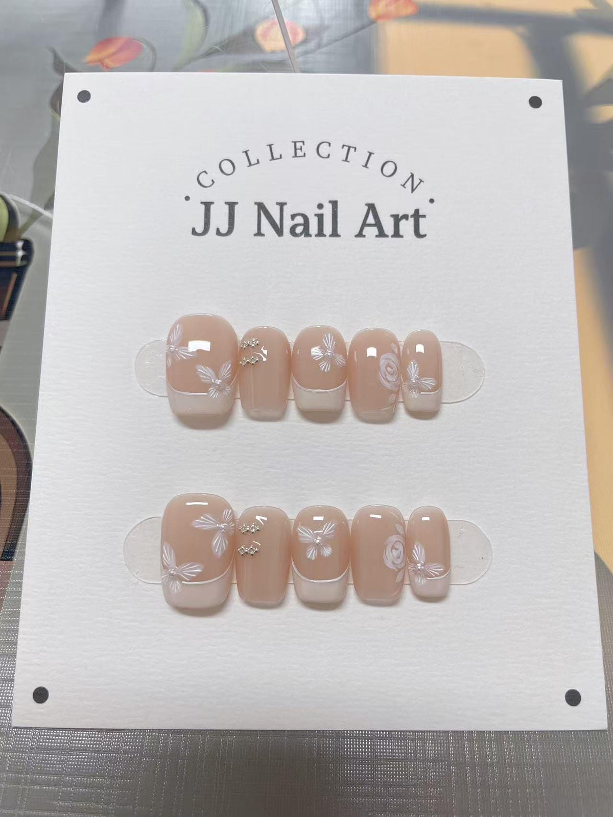 White French Rose Press On Nails: Hand Painted Reusable Fake Nails