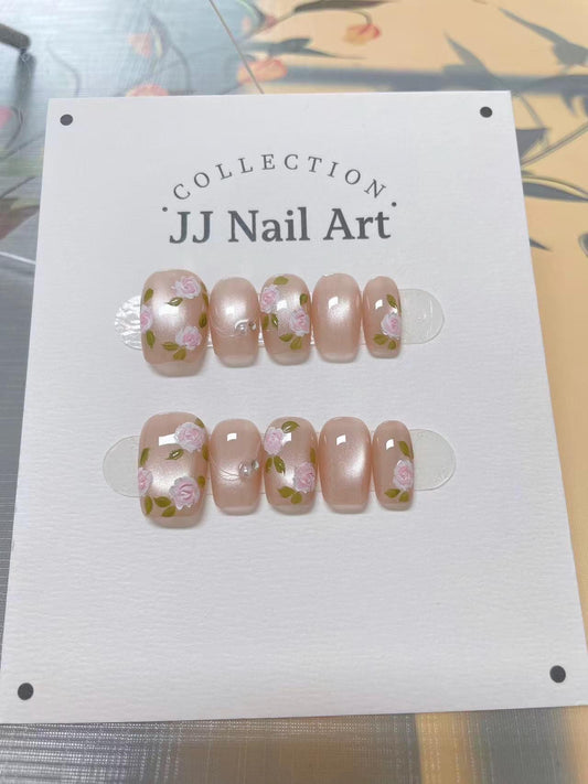 Handmade Pink Roses Cat Eye Press On Nails: Reusable Nail Set