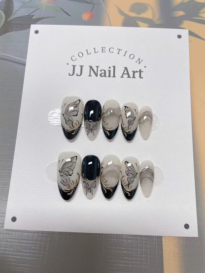 Butterfly Ink Wash Press On Nails: Hand Painted Reusable Fake Nails