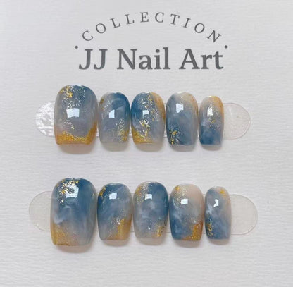Handmade Blue Smudge Press On Nails: Reusable Set
