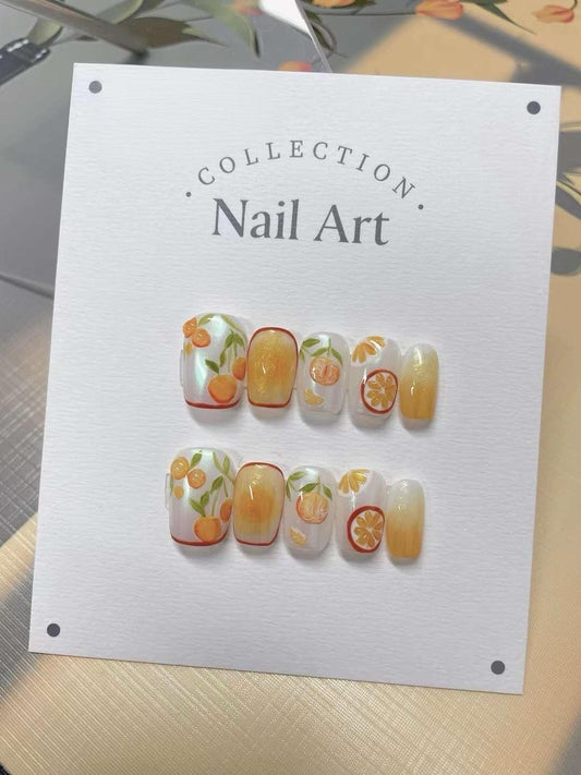 Custom Nail Shape Handmade Orange Fruit Press On Nails, Reusable Comfortable Nails