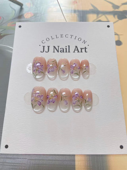Handmade Purple Flowers Ombré Press On Nails: Reusable Set