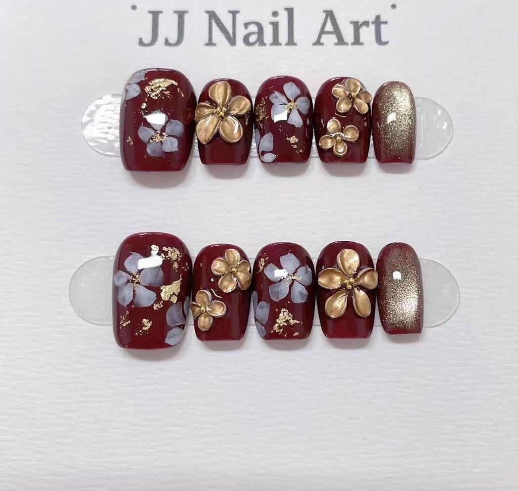 Gold Flowers With Burgundy Hand Painted Press On Nails: Custom Shape Reusable Nail Set