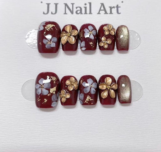 Gold Flowers With Burgundy Hand Painted Press On Nails: Custom Shape Reusable Nail Set