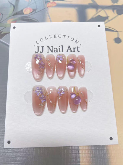 Purple Petals Hand Painted Press On Nails: Custom Shape Reusable Nail Set