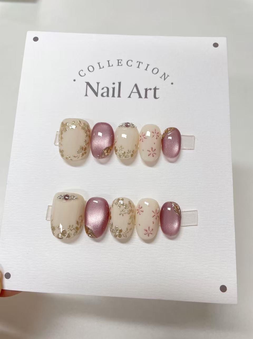 Hand Painted Flower Press On Nails: Pink Gem Artist Faux Nails
