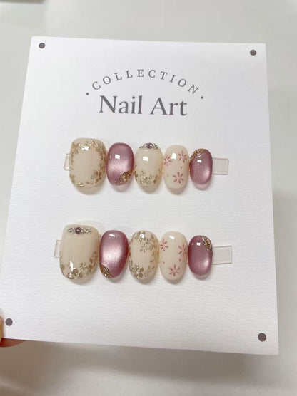 Hand Painted Flower Press On Nails: Pink Gem Artist Faux Nails