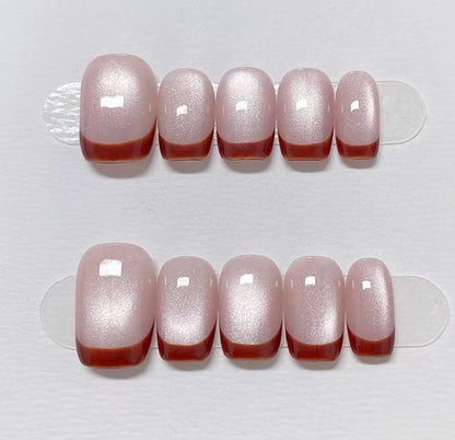 Handmade Burgundy French Tip Press On Nails: Cat Eye Custom Nail Shape
