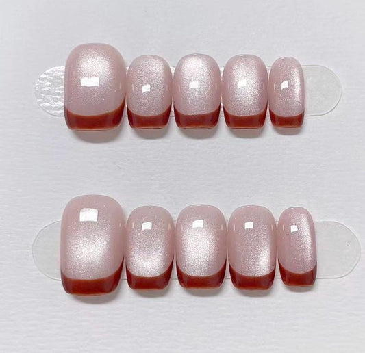 Handmade Burgundy French Tip Press On Nails: Cat Eye Custom Nail Shape