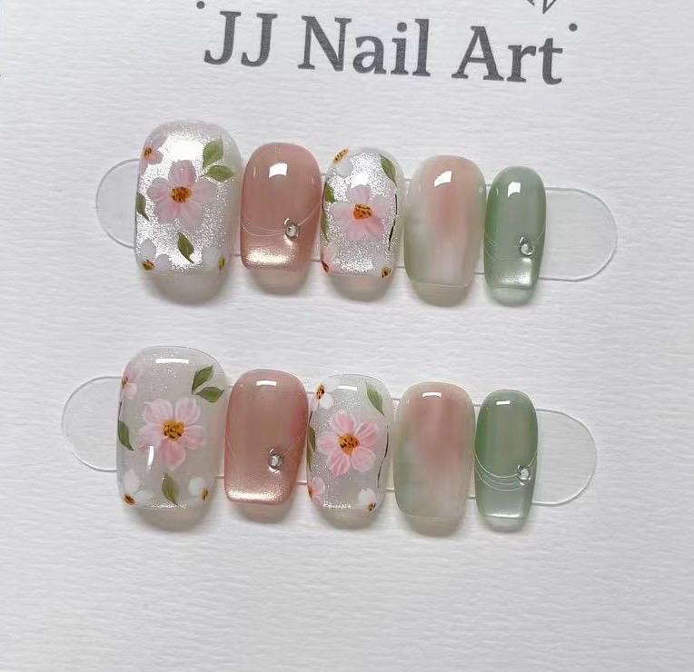 Spring Flowers Hand Painted Press On Nails: Custom Shape Reusable Nail Set
