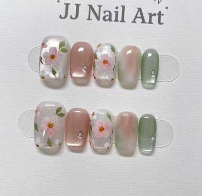 Spring Flowers Hand Painted Press On Nails: Custom Shape Reusable Nail Set