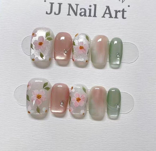 Spring Flowers Hand Painted Press On Nails: Custom Shape Reusable Nail Set