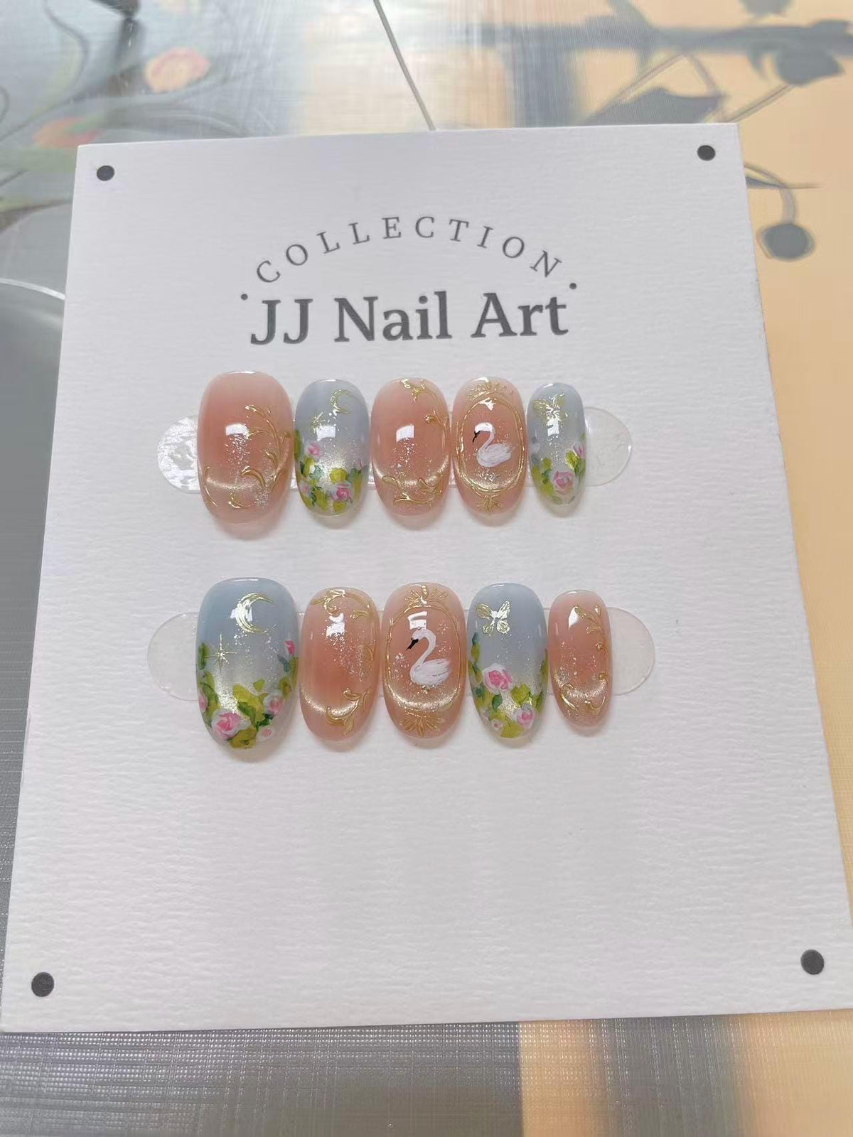 Handmade Swan Flowers Cat Eye Press On Nails: Custom Shape Reusable Set