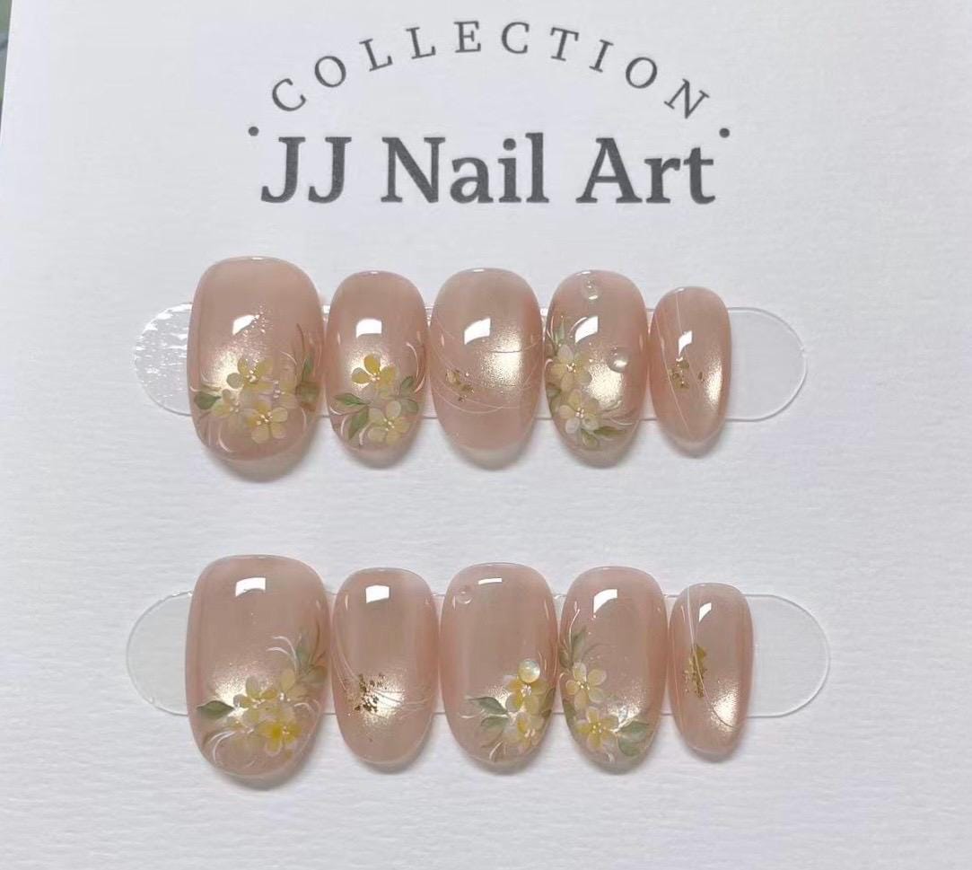 Handmade Fall Yellow Flowers Cat Eye Press On Nails: Reusable Nail Set