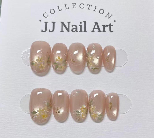 Handmade Fall Yellow Flowers Cat Eye Press On Nails: Reusable Nail Set