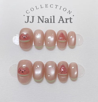 Handmade Watermelon Cat Cat Eye Press On Nails: Reusable Set
