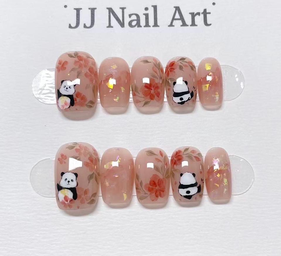 Hand Painted Panda with Flowers Press On Nails: Custom Shape Reusable Nail Set