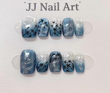 A School Of Fish Hand Painted Press On Nails: Custom Shape Reusable Nail Set