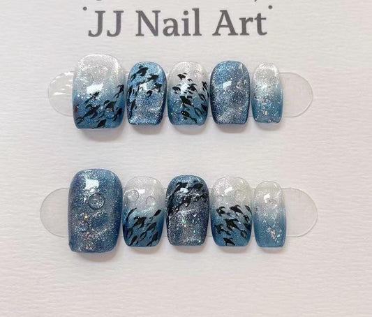 A School Of Fish Hand Painted Press On Nails: Custom Shape Reusable Nail Set