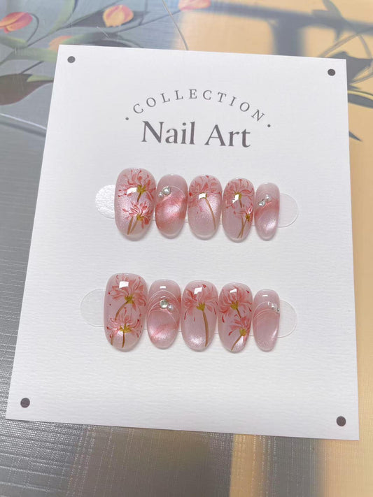 Hand Painted Flower Pearl Press On Nails: Reusable Artist Fake Nails