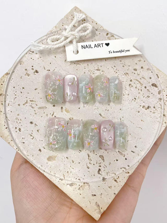 Hand Painted Press On Nails: Floating Petals, Reusable Faux Nails