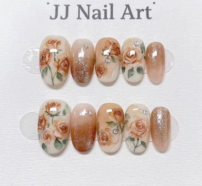 Hand Painted Rose Press On Nails: Reusable Custom Set
