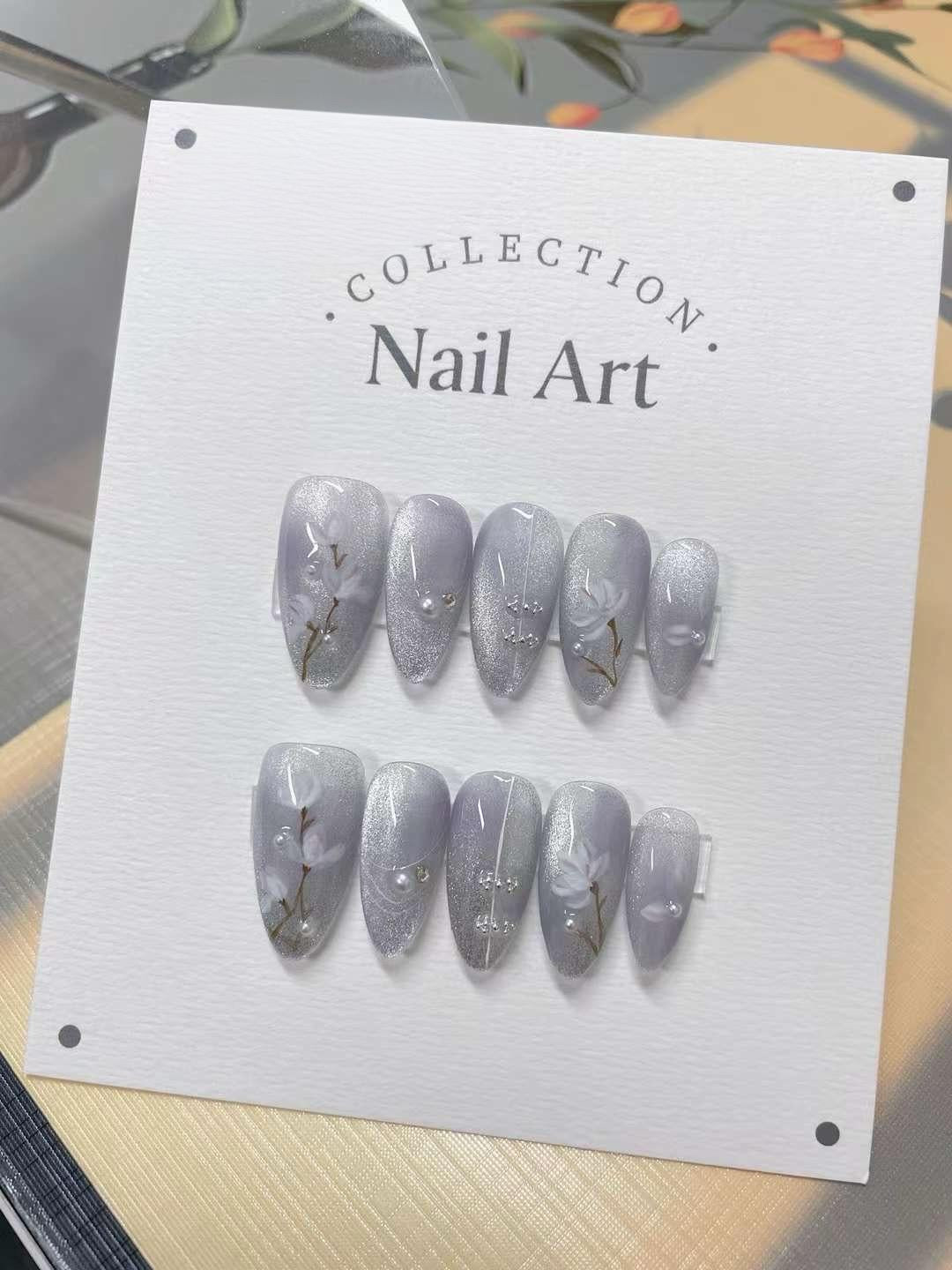 Hand Painted Floral Press On Nails: Cold Night Gel Faux Nails