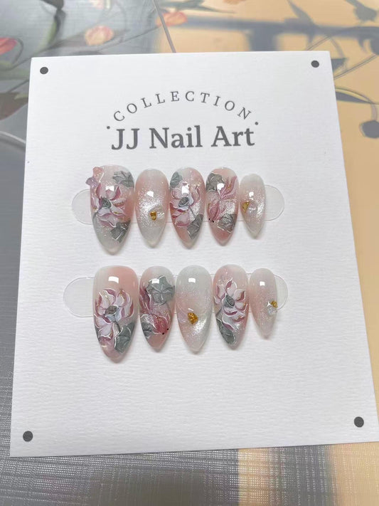 Hand-Painted Lotus French Cat Eye Press On Nails: Reusable Custom Set