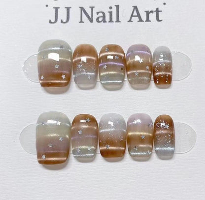 Stars Cat Eye Hand Paint Press On Nails: Custom Shape Reusable Nail Set