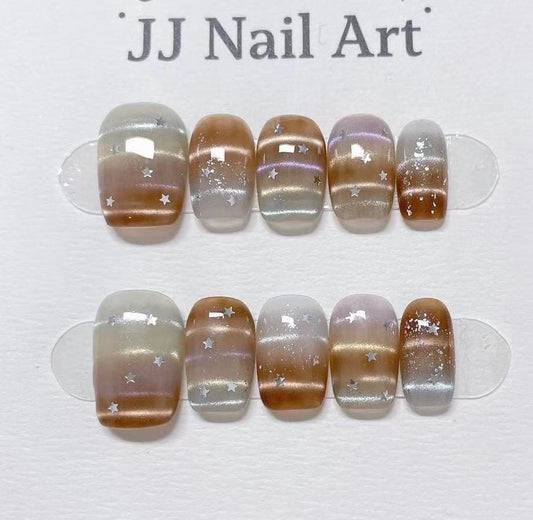 Stars Cat Eye Hand Paint Press On Nails: Custom Shape Reusable Nail Set