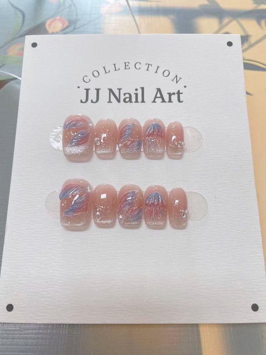 Handmade Jellyfish Cat Eye Petals  Press On Nails: Reusable Set