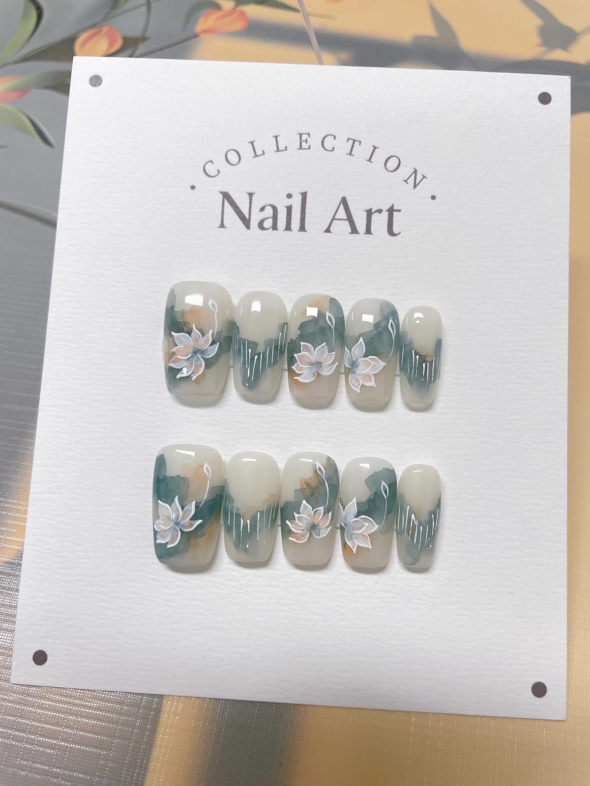 Hand Painted Water Lily Press On Nails: Elegant Reusable Faux Nails
