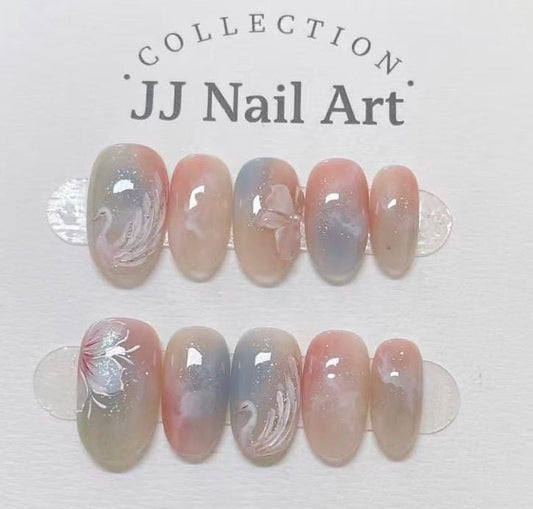 Handmade White Swan Cat Eye Petals  Press On Nails: Floral French Reusable Set