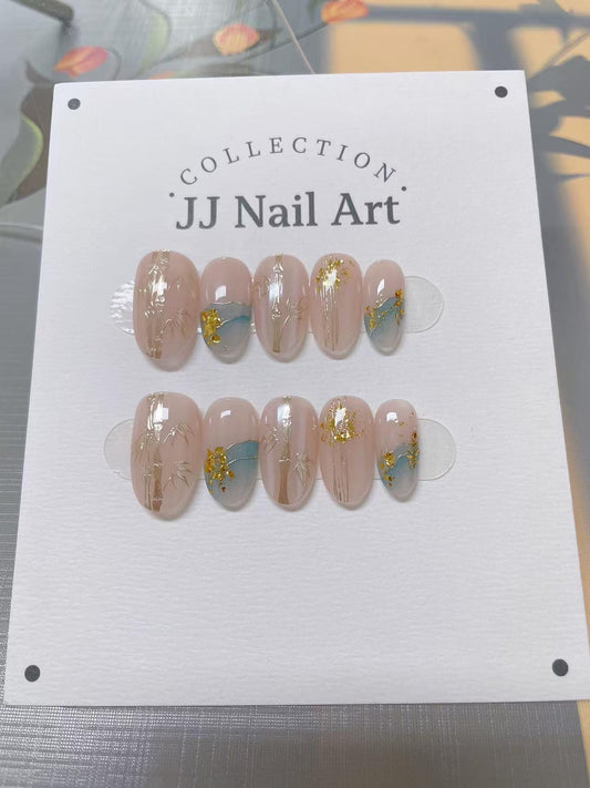 Gold Bamboos Press On Nails: Custom Shape Reusable Set