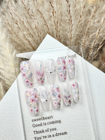 Blooming Flowers Press On Nails: Hand Painted Reusable Faux Nails